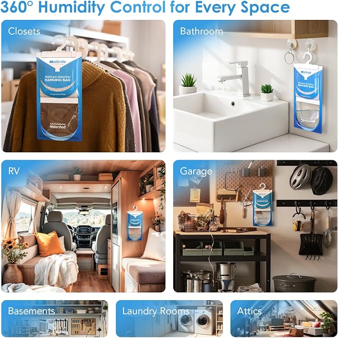 Moisture Absorbers 20 Pack Fragrance Free, Hanging Closet Dehumidifier Bags, Humidity Absorber, Compact Eliminates Odors for Car, Bathroom, Bedroom, Basement, 9.8OZ