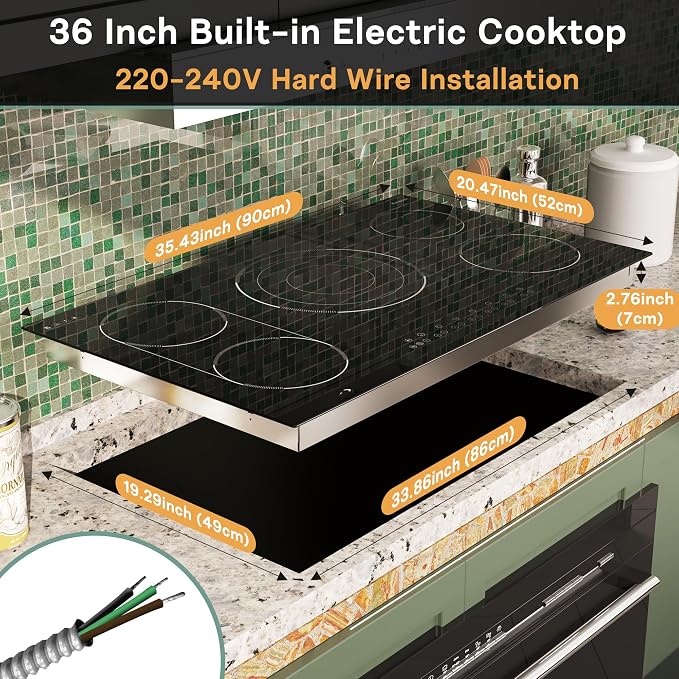 36 Inch Electric Cooktop 5 Burner, Built-in Electric Stovetop with Flexible Bridge & Triple Ring Burner, 9600W Cooktop Electrics with BBQ Burner, Timer, Safety Lock,Pause, 220V-240V Hard Wire