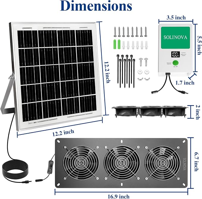 Solar Fan, 25W Solar Exhaust 3-Fan with 7500mAh Battery, Solar Powered Fan for Intake or Exhaust Vent Cooling, Solar Ventilation Fan for Greenhouses, Chicken Coops, Attics, Barns, Sheds, Dog Houses