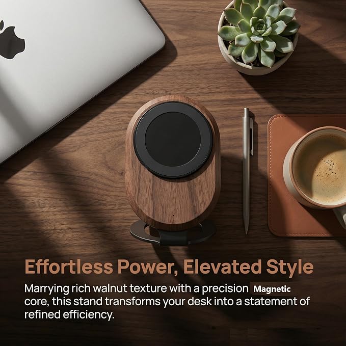 Solid Wood Wireless Charger Stand, 15W Magnetic Wireless Charging Dock (No Adapter Included), Compatible with MagSafe for iPhone 12-17 Series, Fast Charging for Home & Office, Gift for Men