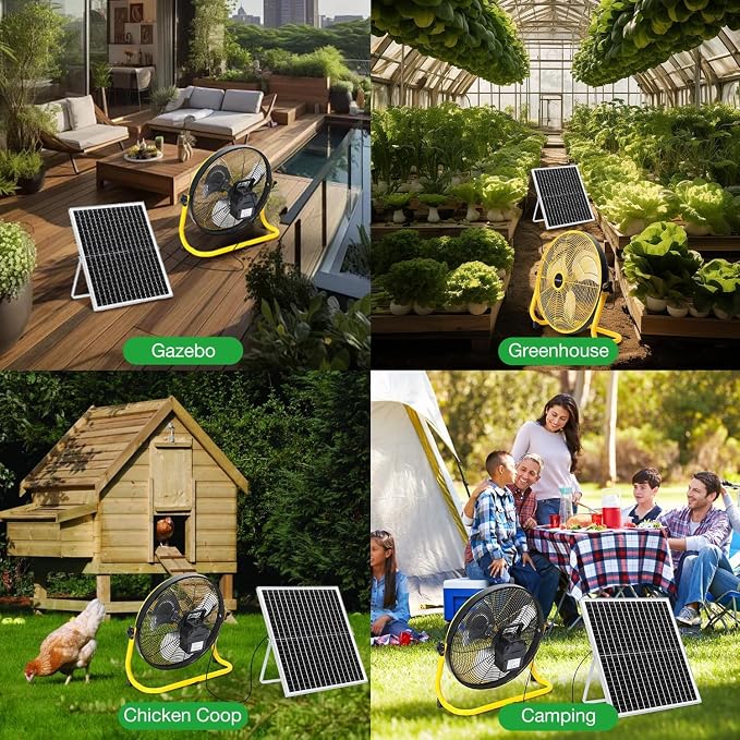 blessny 16" Large Solar Rechargeable Floor Fan with 35W Solar Panel for Home Outdoor Camping Gazebo Greenhouse Barn Poultry Pet House Cooling or Air Circulation, 23 Ft Long Cord