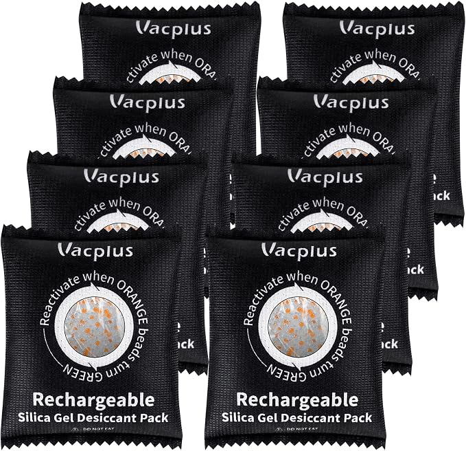 Vacplus 8 Pack 100g Reusable Desiccant Packs for Storage, Large Silica Gel Packets with Indicator Beads, Dehumidifier and Moisture Absorber for Car, Closet, Drawer, 3.9" x 4.7"