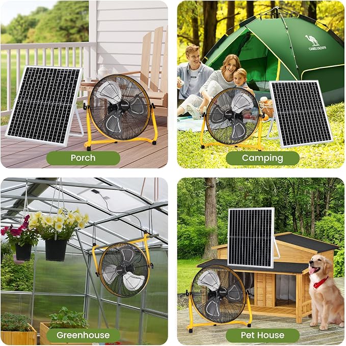 20" Solar Rechargeable Floor Fan, 35W Solar Powered Battery Operated Fans for Outdoor Garden Greenhouse Barn Stable Camping Garage Air Circulation Cooling