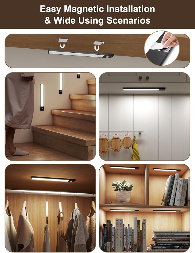 8inch Rechargeable under cabinet lighting ,56 LED -3 Color& 7 Levels Motion Sensor Light Indoor,1800mah Dimmable Magnetic Cabinet Lights, Punch-Free smart Sensor Magnetic Rechargeable led Lights