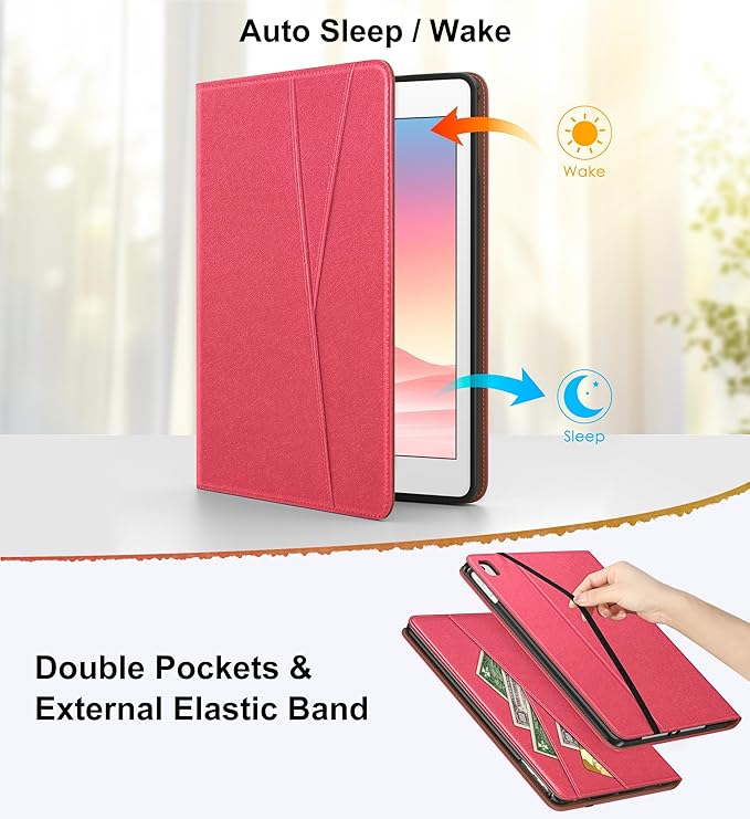 DTTO for iPad 6th / 5th Generation 9.7 Inch (2018/2017), iPad Air 2 / Air 1 Case, 360 Degree Rotating Premium Leather Folio Stand Cover with Pencil Holder, Watermelon Red