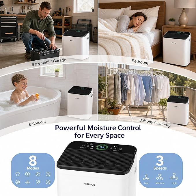 AIRPLUS 70 Pints Dehumidifiers for Home, 5500 Sq. Ft Dehumidifier for Basement with Drain Hose, Continuous Drainage, Intelligent Humidistat, Dehumidifier for bathroom, bedroom, Large Room, 2007