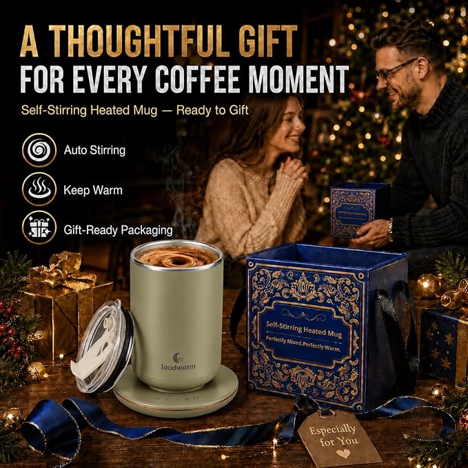 Self Heated Stirring Coffee Mug, 10oz Auto Mixing Cup with Warmer, Green | 3 temp settings, food-grade stainless steel interior, 8-hour auto shut-off, plug-in desk mug with Warmer for office home