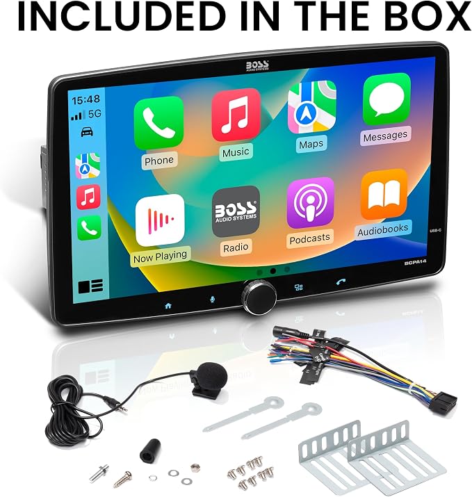 BOSS Audio Systems BCPA14 Car Stereo - Apple CarPlay, Android Auto, Single Din, 14 Inch Capacitive LCD Touchscreen, Bluetooth, No DVD CD Player, AM/FM Radio Receiver, Multicolor Illumination