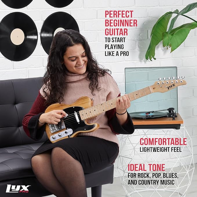LyxPro 30” Electric Guitar TL Series, Full-Size Paulownia Wood Body, 3-Ply Pickguard, C-Shape Neck, Ashtray Bridge, Quality Gear Tuners, 3-Way Switch & Volume/Tone Controls, 2 Picks Included, Natural