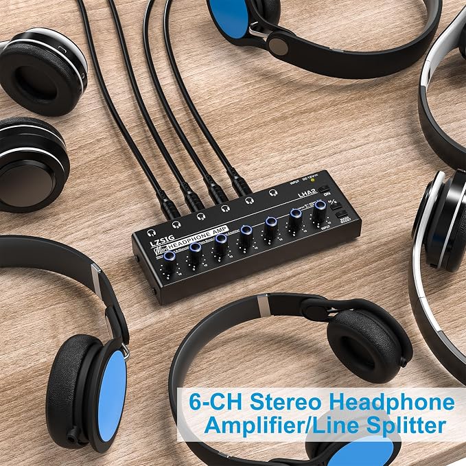 LZSIG Headphone Amplifier 6 Channel Metal Stereo Audio Amplifier with Bass Boost,Mini Earphone Splitter with Power Adapter,1/4" & 1/8" TRS Headphones Output and TRS Audio Input, DC 12V