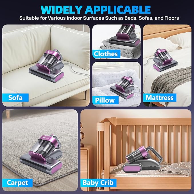 Mattress Vacuum Cleaner UVC 253.7nm Light with 16Kpa Strong Suction, 145°F Heat, Ultrasonic, HEPA Filter, Versatile Bed, Pillow and Couch Vacuum Cleaner (16.4ft Corded, 500W)