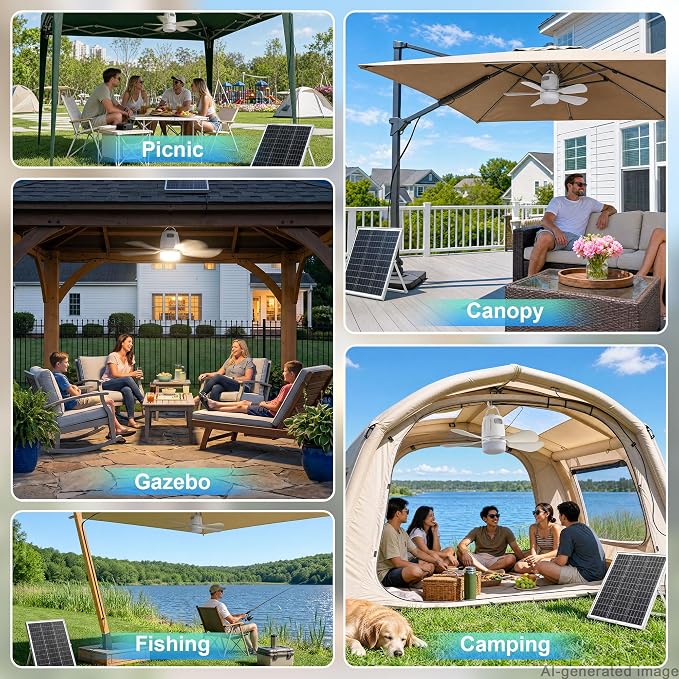 Solar Ceiling Fan 20'', 20000mAh Battery Portable Ceiling Fan with 30W Solar Powered, Remote & Hanging Hook, 3000k-6000k Dimmable Solar Fans for Outside, Tent, Gazebo, Canopy, RV, Chicken Coop