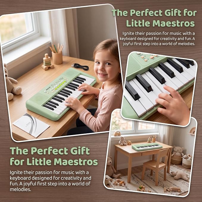 LeeQee 32 Keys Kids Keyboard Piano with Microphone, Double Speakers Toddler Piano Toy for Boys Girls Age 3-6, Portable Educational Musical Instrument, Birthday Gifts (Avocado Green)