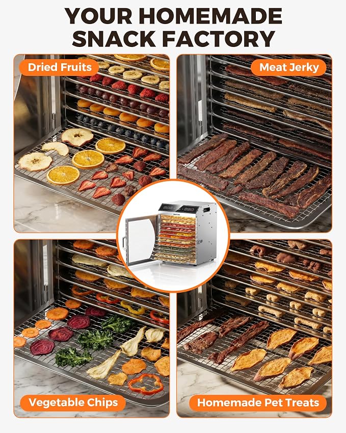 WantJoin Food Dehydrator Machine - 12-Tray Commercial Food Dehydrator w/ 12 Trays, 5 Hooks, Hanging Rack, 86-194℉ Temp, Timer, LED Display, 800W Food Dehydrater For Homemade Jerky Fruit Vegetable