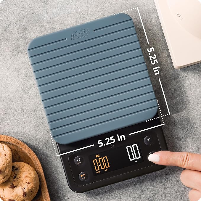 Greater Goods Coffee Scale with Timer, 0.1g Precision Digital Espresso & Pour Over Scale for Chemex, V60, Drip & Matcha Weighing, Waterproof Silicone Cover, 6.6lb Barista Brew Capacity (Stone Blue)