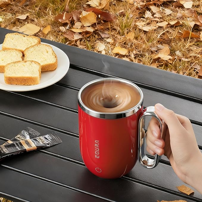 Self Stirring Mug - 4-Color Temp Display Magnetic Electric Auto Mixing Stainless Steel Cup with Straw & Lid For Office/Kitchen/Home/Coffee/Milk- 14.2oz/420ml(Red)