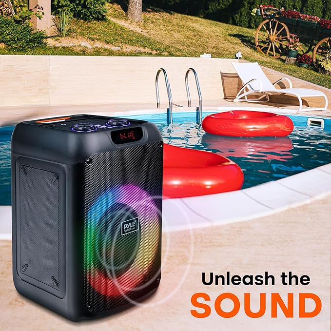 Pyle 100W Bluetooth Karaoke PA Speaker with 8 Inch Woofer, Echo Bass and Treble Control, USB SD Card FM Radio, Mic Input, LED Lights for Home Events and DJ Use