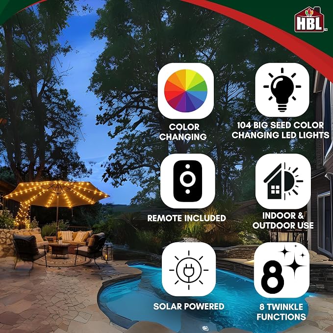 Holiday Bright Lights Solar Patio Umbrella Lights 104L Big Seed LED Color Changing Warm White to Patriotic