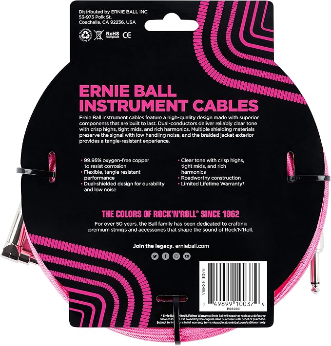 Ernie Ball Braided Instrument Cable, Straight/Angle, 18ft, Neon Pink (P06083)