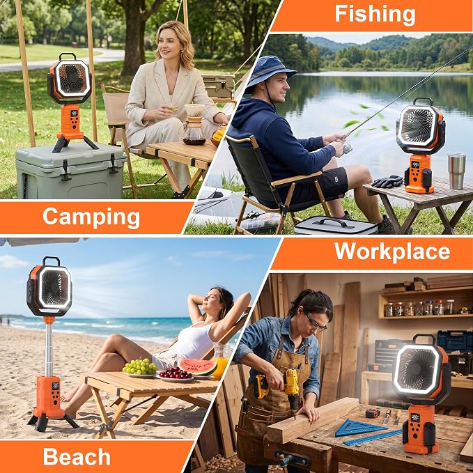 Portable Rechargeable Fan with Stand,20000mAh Battery Powered Camping Fan with LED Lantern& Remote,Cordless,4 Speeds Wind,Timer for Travel Tent, Fishing,Rv Camping Essentials-Orange