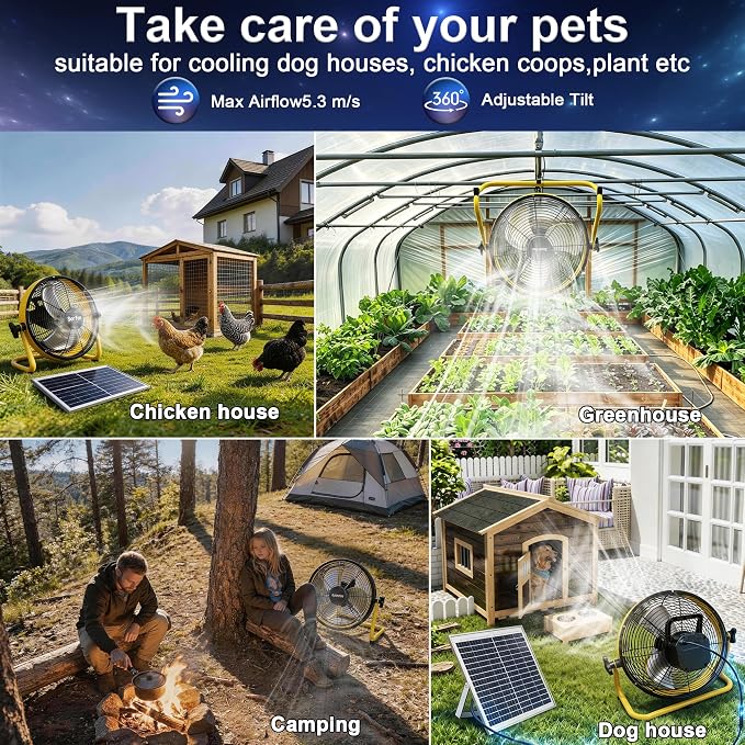 14 Inch Solar Powered Fan,360 Vertical Tilt Rechargeable Floor Fan,for Outside,Travel,Chicken Coop,Dog House,Shed,Greenhouse,Camping,Portable,Quiet