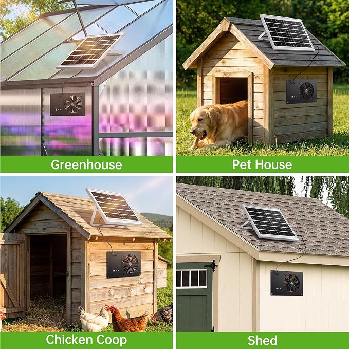 ropelux Solar Exhaust Fans with 15000mAh Battery & 2 Timers, Single Fan | Solar Powered, 24/7 Operation, Airflow Cooling Ventilation, for Chicken Coop, for Greenhouse, for Dog House, for Shed