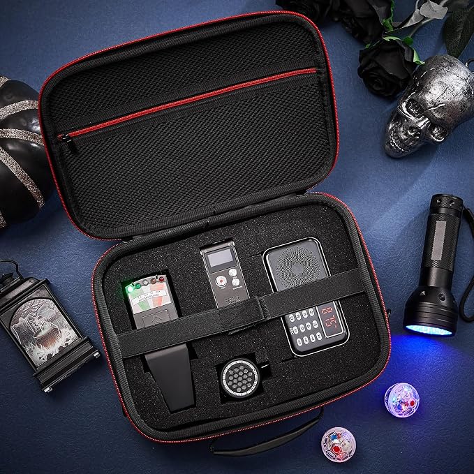 Dunzy 8 Pcs Ghost Hunting Equipment Kit, Include 1 Emf Meter 1 EVP Voice Recorders 1 Spirit Ghost Hunting Research Case 1 Flashlight 1 Speaker 2 Motion Light up Cat Balls 1 Radio(Emf Meter 1, Radio 1)