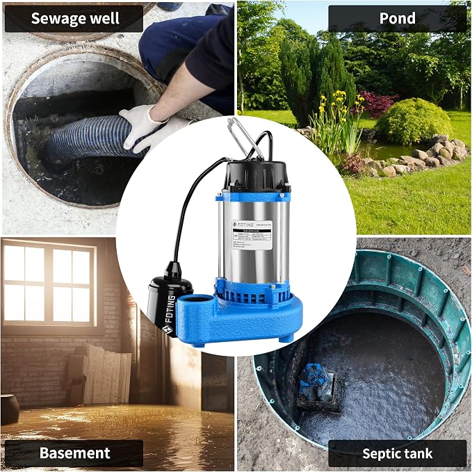 FOTING 1HP 6000 GPH Sump Pump Submersible Sewage/Effluent Pump - Heavy Duty Cast Iron - 115V Septic Pump for Sump Basin/Residential/Sewage/Basement, Sewage Pumps 1-1/2'' NPT