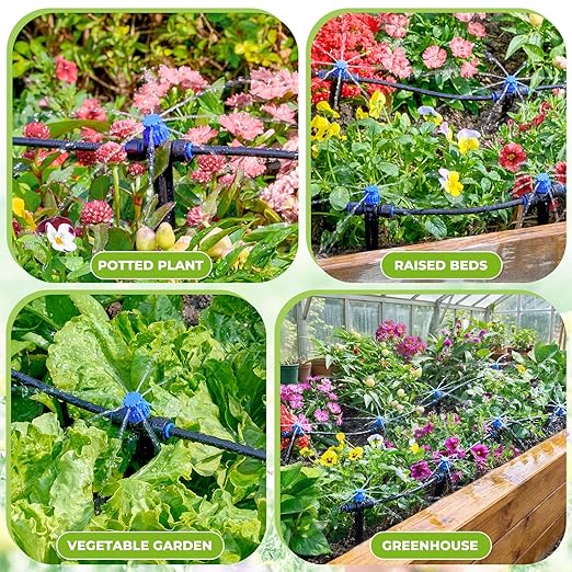 HIRALIY 50FT Automatic Drip Irrigation Kit with Timer, Quick-Connect Garden Watering System with 40FT 1/4" Tubing, 10FT Main Hose, 12 Adjustable Drippers for Patio, Raised Beds & Potted Plants