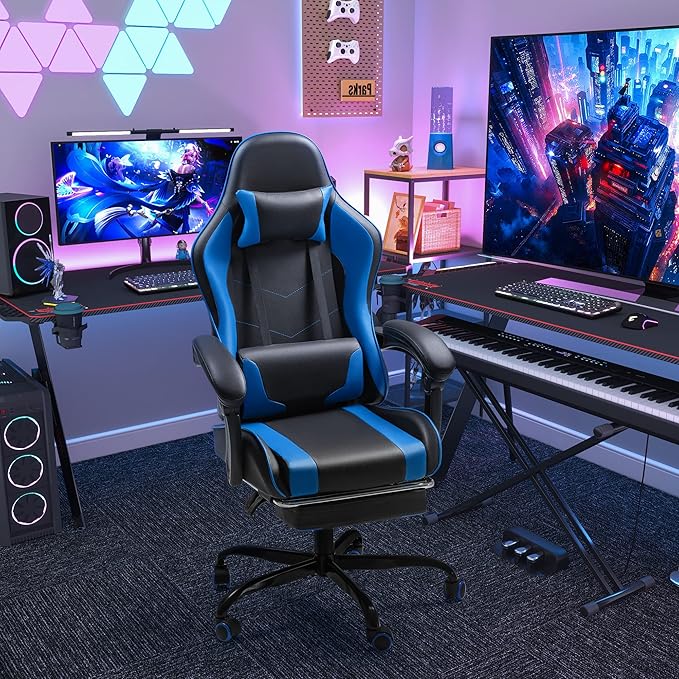 Homall Gaming Chair, Video Game Chair with Footrest and Massage Lumbar Support, Ergonomic Computer Chair Height Adjustable with Swivel Seat and Headrest (Blue)