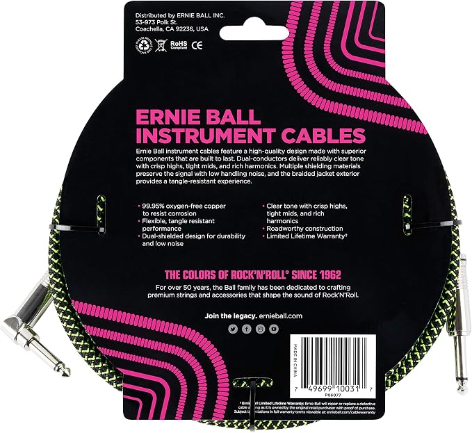 Ernie Ball Braided Instrument Cable, Straight/Angle, 10ft, Neon Green/Black (P06077)