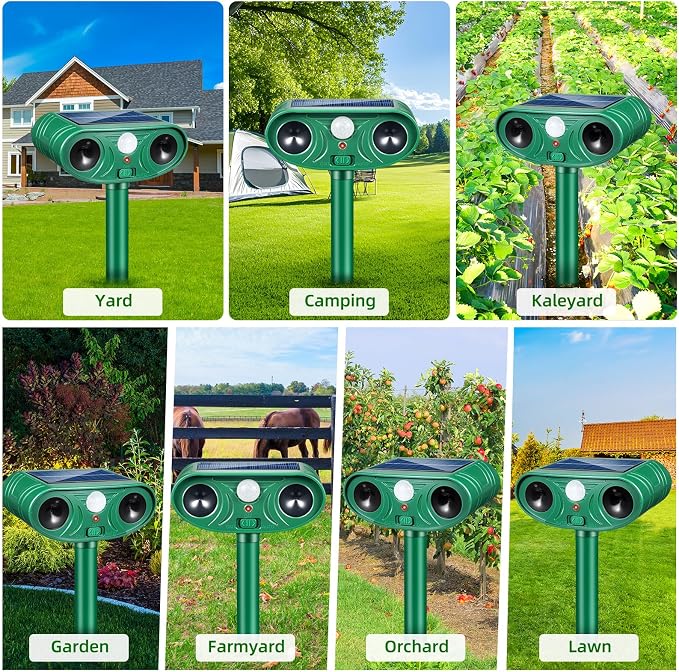 2026 Upgraded Solar Ultrasonic Animal Repellent Motion Activated Deer Repellen Outdoor with Adjustable Frequency Cat Deterrent to Keep Dog Raccoon Squirrel Rabbit Away from Yard Garden 4 Pack