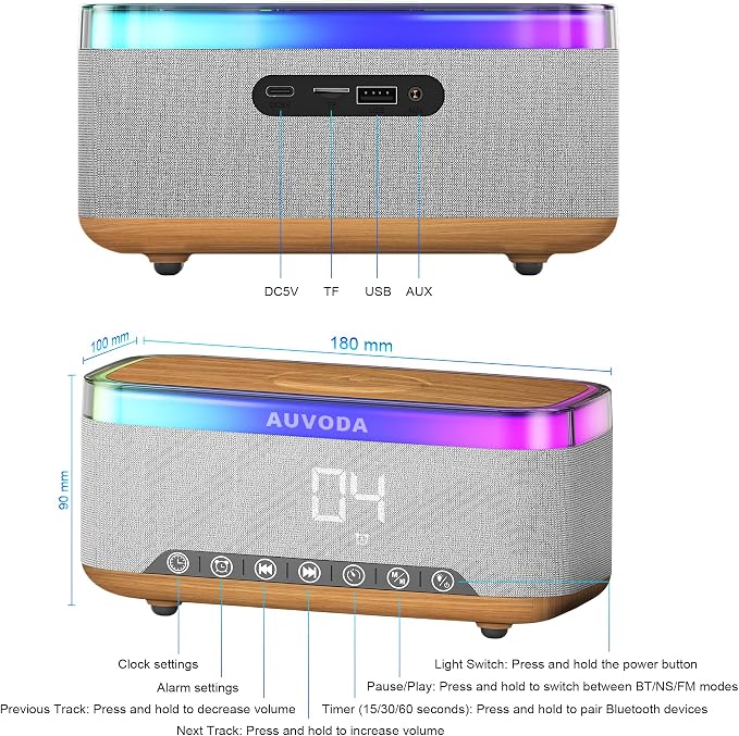 S300 Portable Bluetooth Speaker, 16 W Stereo, BT 5.3, TWS Pairing | 15 W Wireless Charging, 13-Color Night Light, Alarm Clock, TF AUX Inputs, Ideal for PC Smartphone Home Bedroom Office