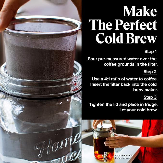 Willow & Everett Cold Brew Coffee & Iced-Tea Maker Pitcher, 2 L Glass Dispenser w/Metal Spigot & Mesh Filter Iced Coffee & Sun Tea Brewing System