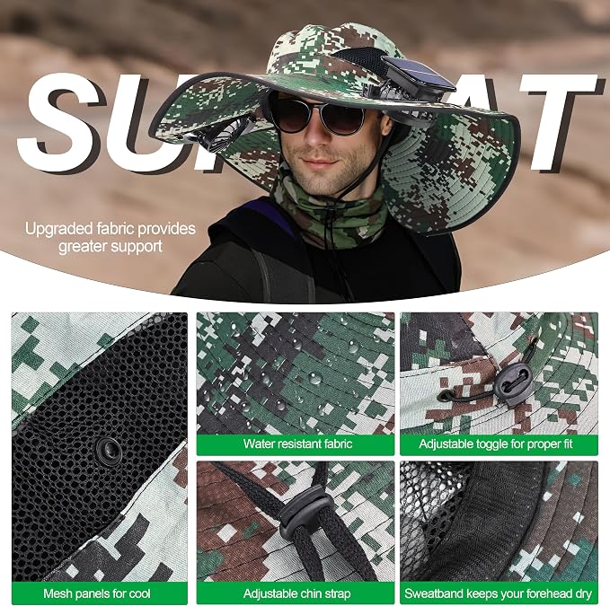 Solar Fan Hat with Detachable Fan, UPF 50+ Wide Brim Sun Hat with Face Mask and Arm Sleeves, 3 Speed USB &Solar Powered Fan