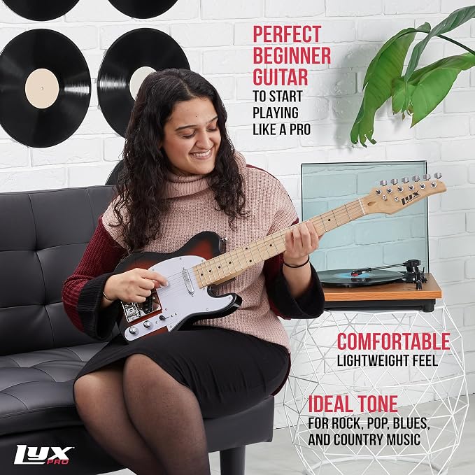 LyxPro 30” Electric Guitar TL Series, Full-Size Paulownia Wood Body, 3-Ply Pickguard, C-Shape Neck, Ashtray Bridge, Quality Gear Tuners, 3-Way Switch & Volume/Tone Controls, 2 Picks Included, Sunburst