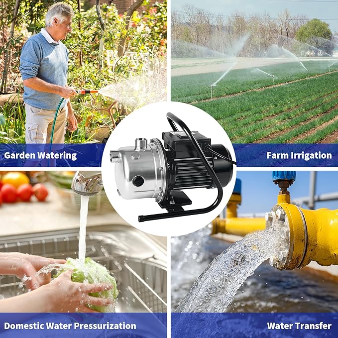 LANCHEZ Shallow Well Pump, Stainless Steel Garden Irrigation Pump, 115V Water Transfer Pump, Water Booster Jet Pump for Home Garden Lawn Farm, Silver
