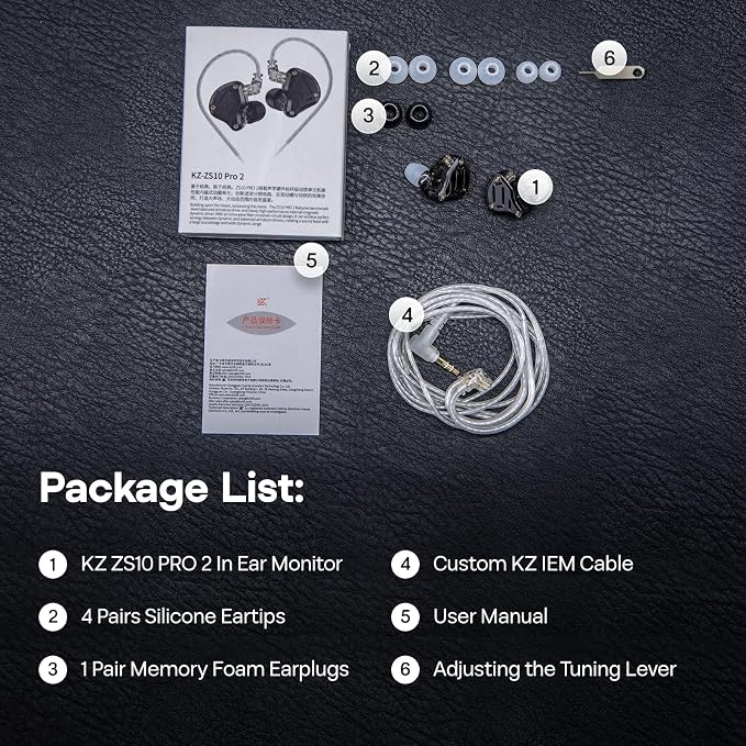 Linsoul KZ ZS10 PRO 2 in Ear Monitor IEM, 1DD+4BA Hybrid Wired Earbuds, with 4-Level Tuning Switch, 3-Way Crossover Gaming Earbuds, Silver-Plated IEM Cable for Musician Audiophile (Black, with Mic)