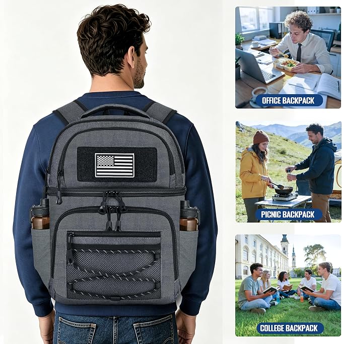 MOZETO Lunch Cooler Backpack Double Deck Lunch Box Backpack Insulated Leakproof Compartments Coolers Bag for Beach Travel Picnic Lunch Hiking BBQ Camping