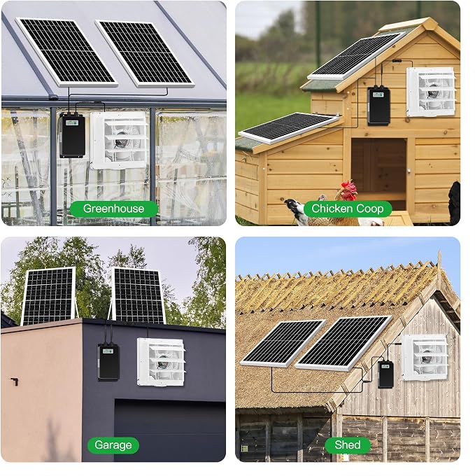 blessny Solar Powered Rechargeable Shutter Exhaust Fan, 50W Solar 10" Ventilation Vent Fan with 66.6 Wh Battery Backup for Outside Greenhouse, Chicken Coop, Shed, Pet House