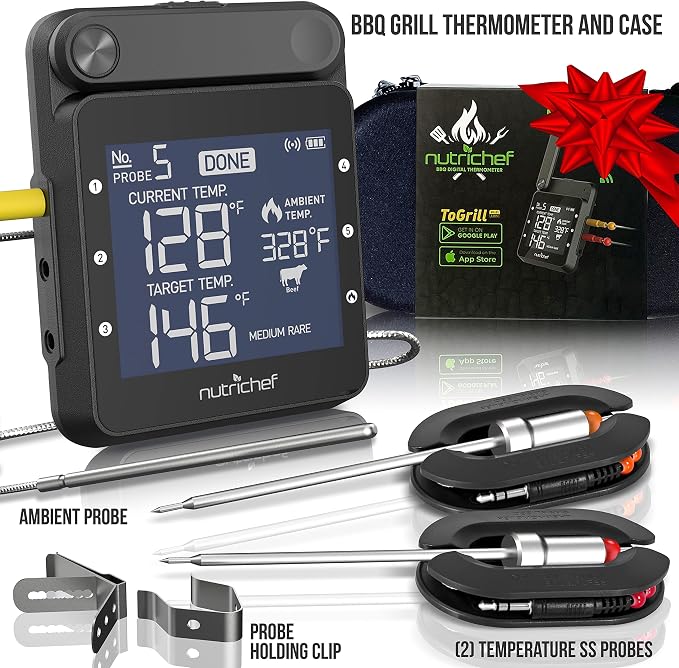 NutriChef Smart BBQ Thermometer - Rechargeable Dual Probe System with WiFi & Bluetooth for Precise Grilling, Easy-to-Read Digital Display, Compatible with Any Smartphone for Outdoor Barbecue & Smoker