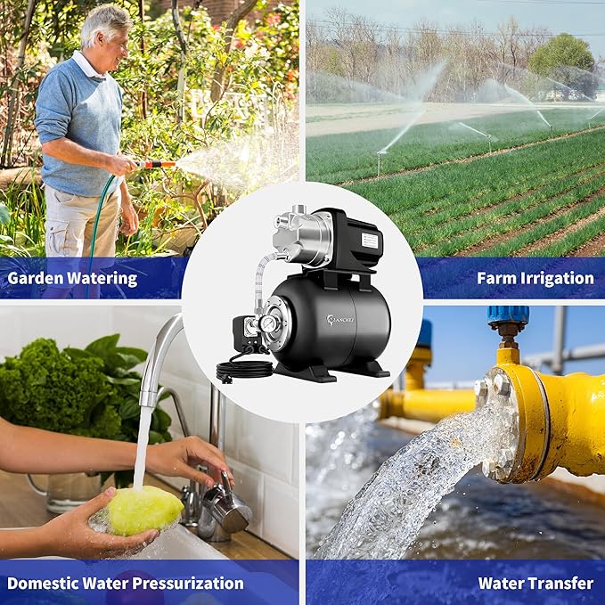 LANCHEZ Shallow Well Pump, Stainless Steel Garden Irrigation Pump, 115V Water Transfer Pump, Water Booster Jet Pump for Home Garden Lawn Farm, Glossy black