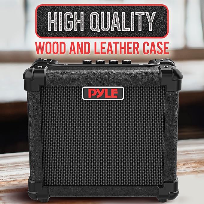 Pyle Mini Electric Guitar Amp - Portable 10 Watt Instrument Amplifier with 5-Inch High Definition Speaker, Volume, Bass, Treble, Distortion, Gain Controls, Headphone Output Jack, for Practice Playing