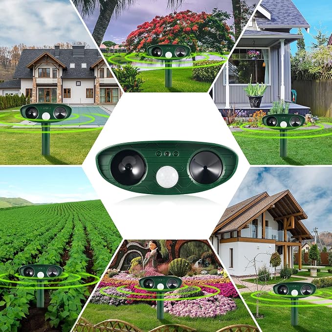 4Pack Solar Ultrasonic Animal Repellent Outdoor Deer Repellent Devices Motion Detection for Squirrel Raccoon Rabbit Dog Cat Deterrent Keep Rodent Chipmunk Away from Yard Lawn