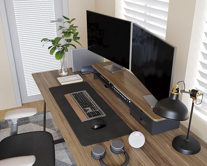 Fenge Monitor Stand, Dual Monitor Riser, 42.5inch Large Desk Computer Monitor Stand Riser with Drawer, 2 Tier Wood & Acrylic Desktop Organizer for Computer, Laptop, Printer, TV Screen Riser