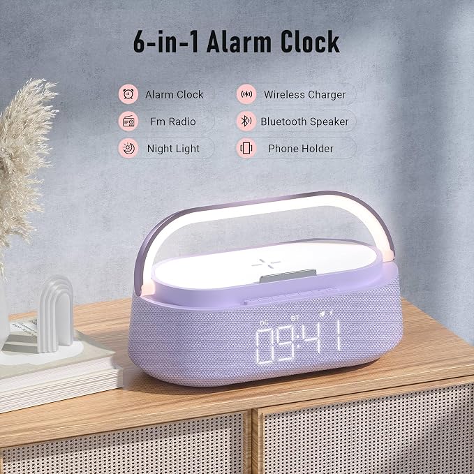FREEFISH Bluetooth Speaker with Wireless Charger, FM Radio, Dimmer Night Light, Phone Holder, Wireless Charging Speakers for iPhone Samsung, Bedrooms Home Office Gifts
