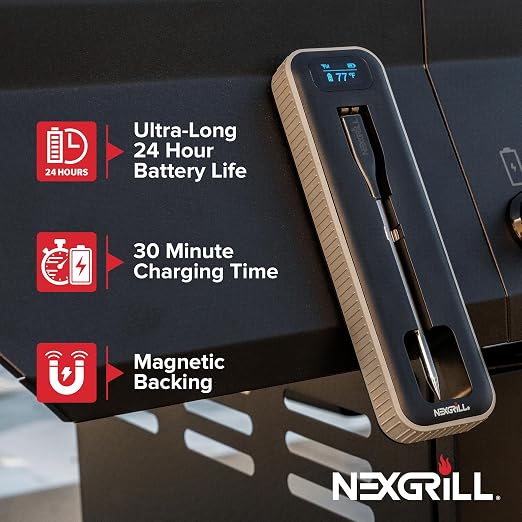 Nexgrill Smart Wireless Meat Thermometer, Bluetooth, Dual Sensor Probe Meat & Ambient, Digital Display Base, iOS/Android App Control, ±0.9°F Accuracy, USB-C Rechargeable for Grill, Smoker, Oven & BBQ