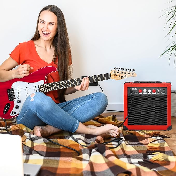 LyxPro Electric Guitar Amp 20 Watt Amplifier Built in Speaker Headphone Jack and Aux Input Includes Gain Bass Treble Volume and Grind - Red