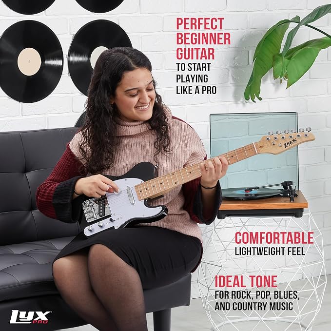 LyxPro 30” Electric Guitar TL Series, Full-Size Paulownia Wood Body, 3-Ply Pickguard, C-Shape Neck, Ashtray Bridge, Quality Gear Tuners, 3-Way Switch & Volume/Tone Controls, 2 Picks Included, Black