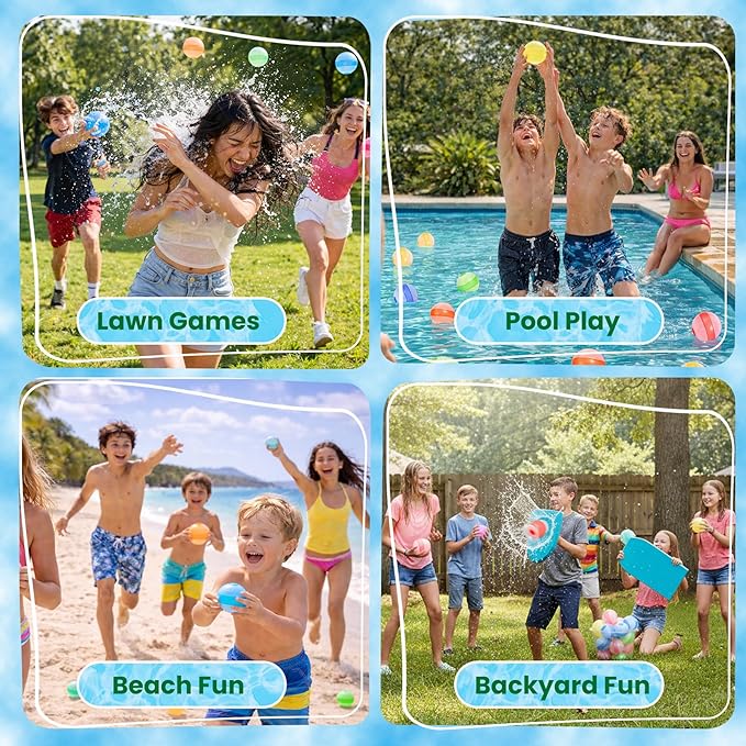 Self-Sealing Reusable Water Balloons for Kids – 12 Pack Soft Silicone Splash Balls, No Magnets, Quick-Fill Outdoor Water Battle Toys for Toddlers Boys Girls Ages 3+ (Reusable Water Balloons-12 Packs)